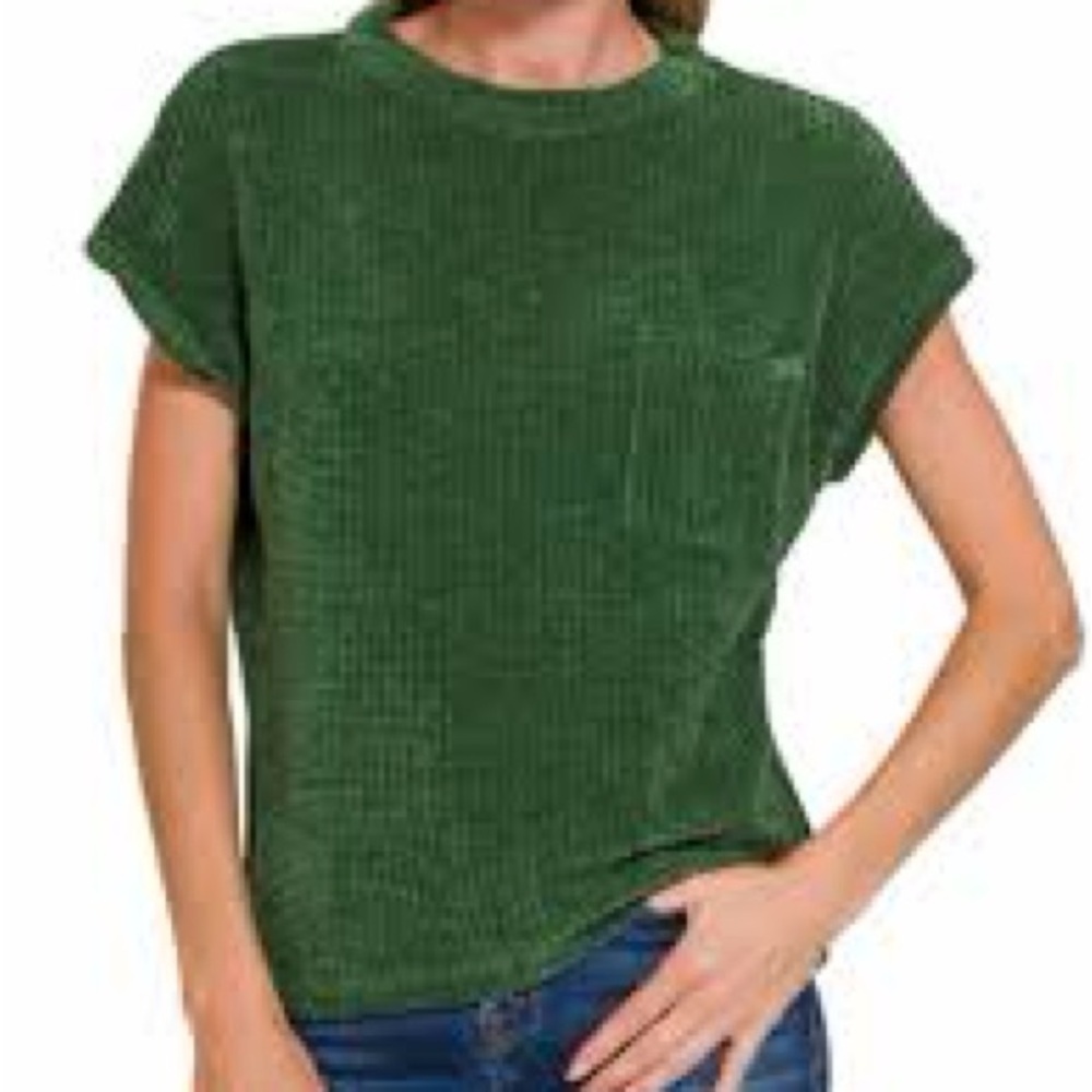 ZENANA Women's Chenille Green Waffle Short Sleeve Sweater Size Small